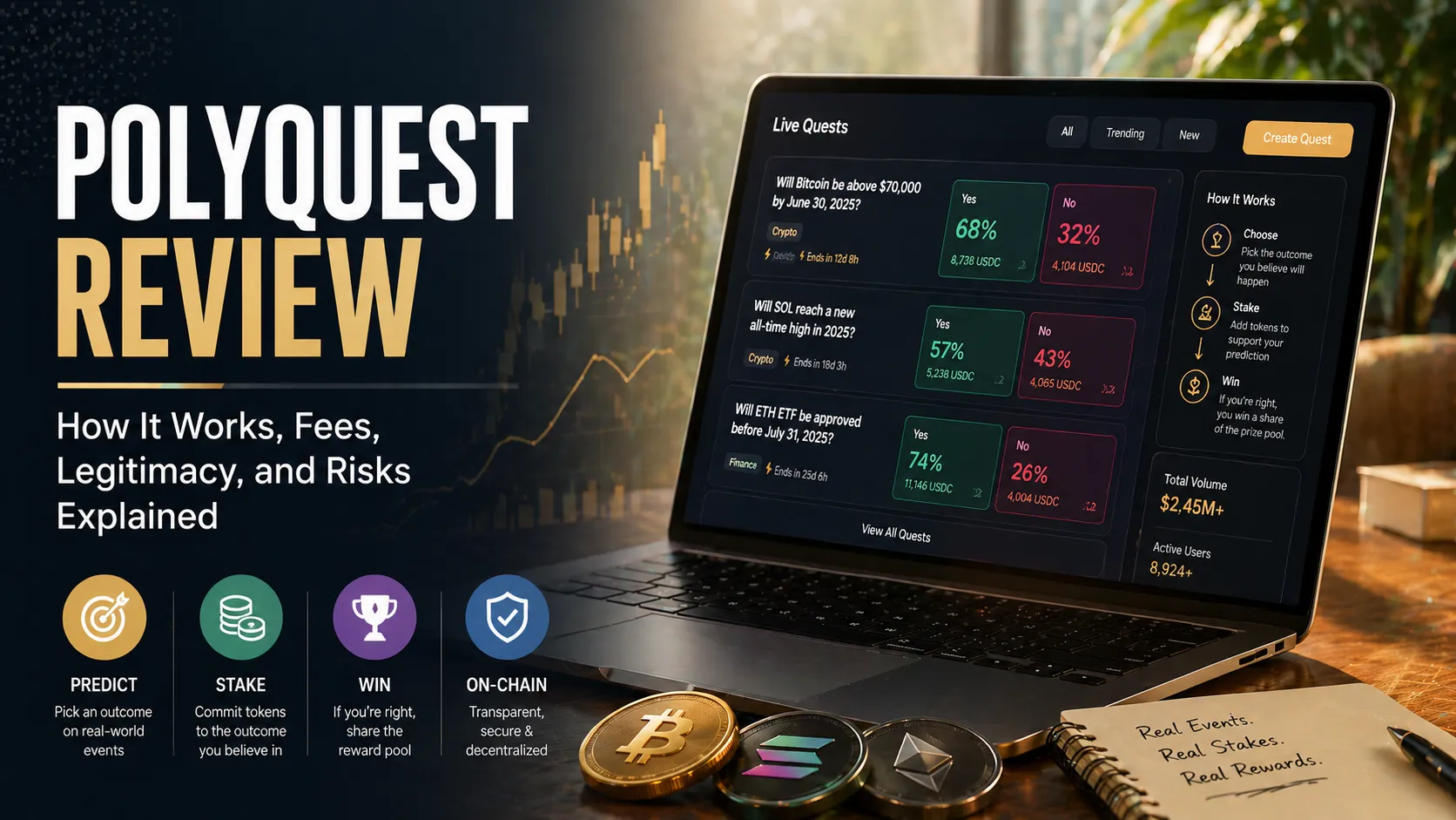 Modern desktop setup displaying a prediction market dashboard with pooled outcome contracts, probability indicators, and crypto assets, illustrating a simplified Web3 forecasting platform interface